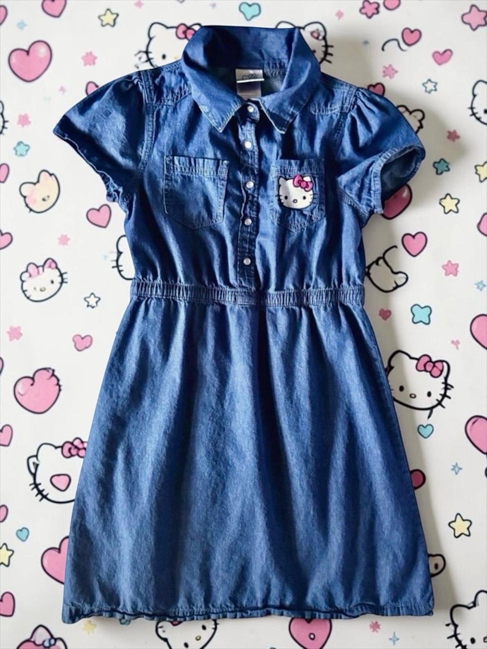 Hello Kitty Sanrio Girls Dress Denim Appliqué Chest Pocket Size 12 EUC 🐱